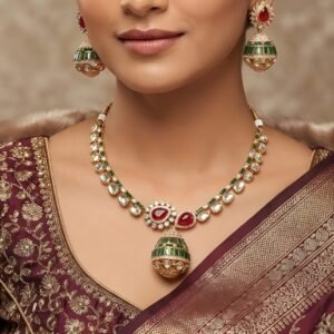 Gold Plated Emerald & Ruby CZ Necklace Set with Jhumkas | Premium Artificial Jewellery (Copy)