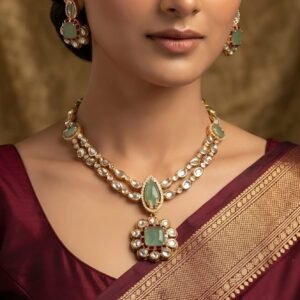 Gold Plated Emerald & Ruby CZ Necklace Set with Jhumkas | Premium Artificial Jewellery